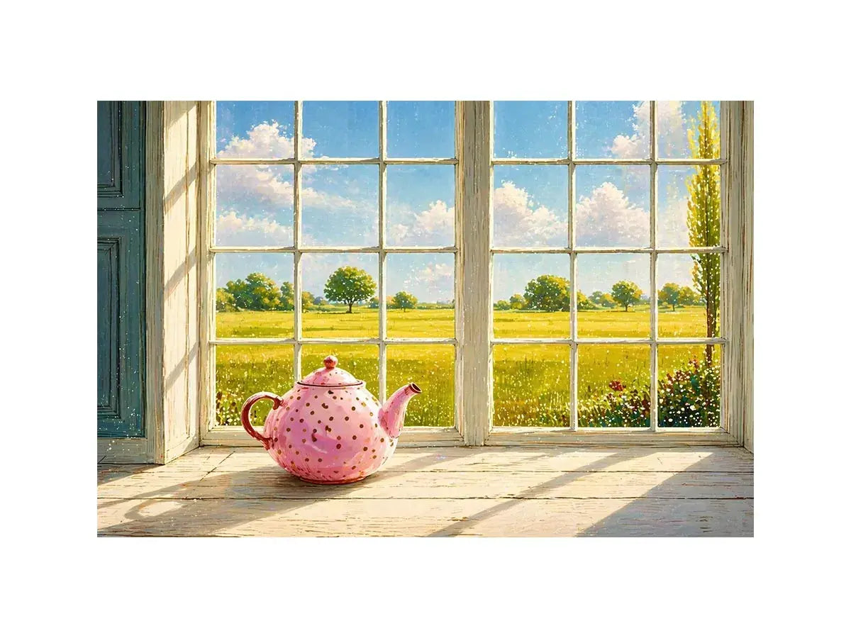 Sunlit window teapot painting with countryside view, cozy cottage kitchen Canvas Print