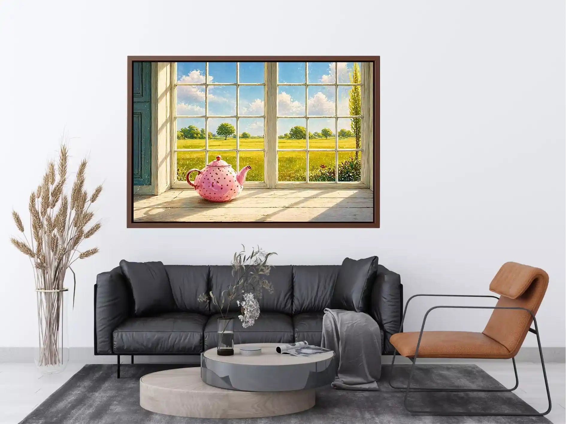Sunlit window teapot painting with countryside view, cozy cottage kitchen Canvas Print