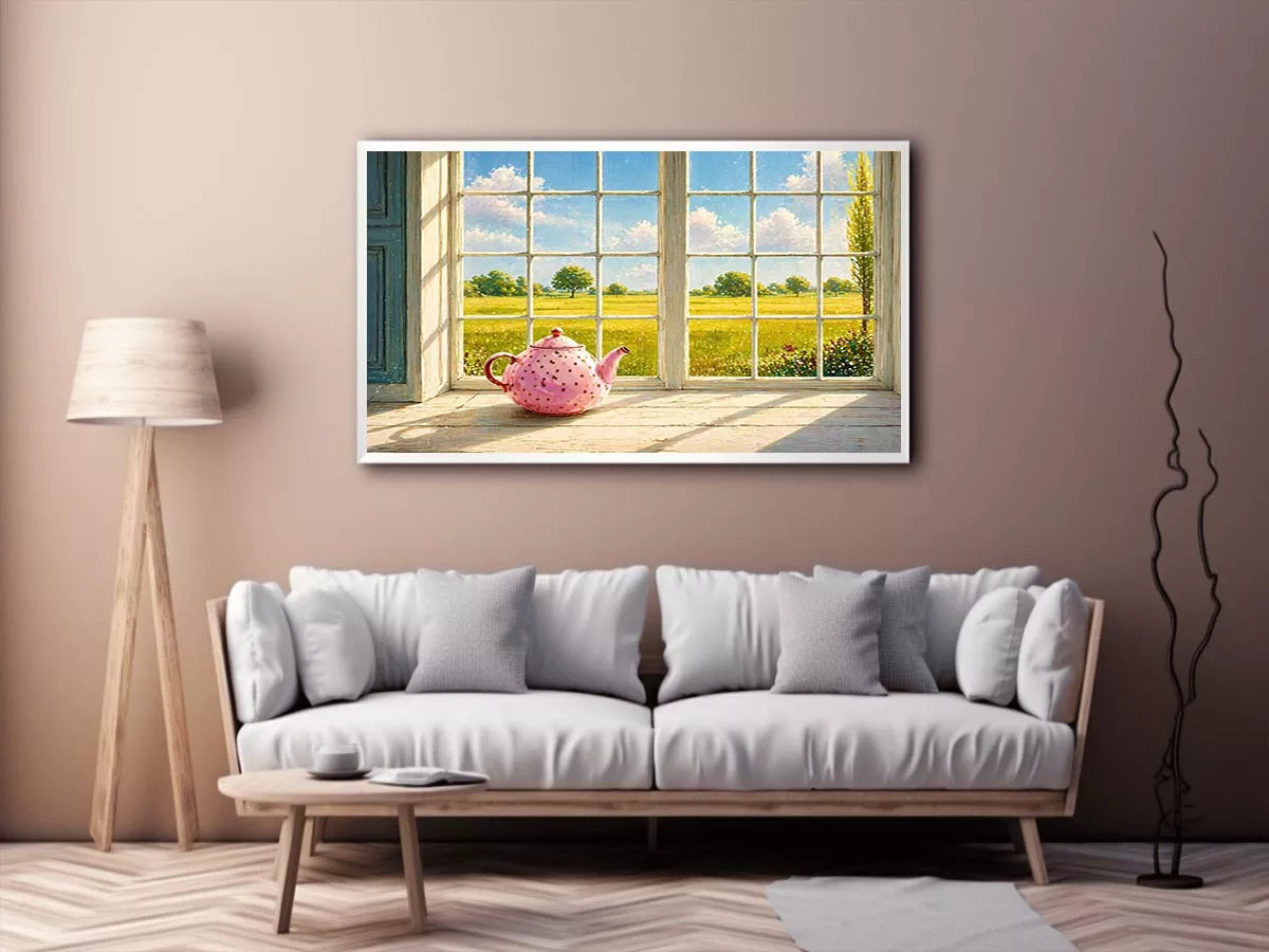 Sunlit window teapot painting with countryside view, cozy cottage kitchen Canvas Print