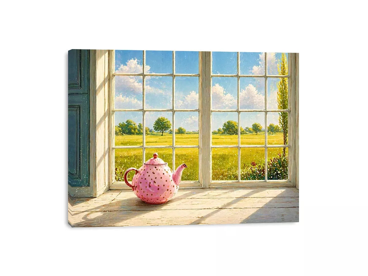 Sunlit window teapot painting with countryside view, cozy cottage kitchen Canvas Print