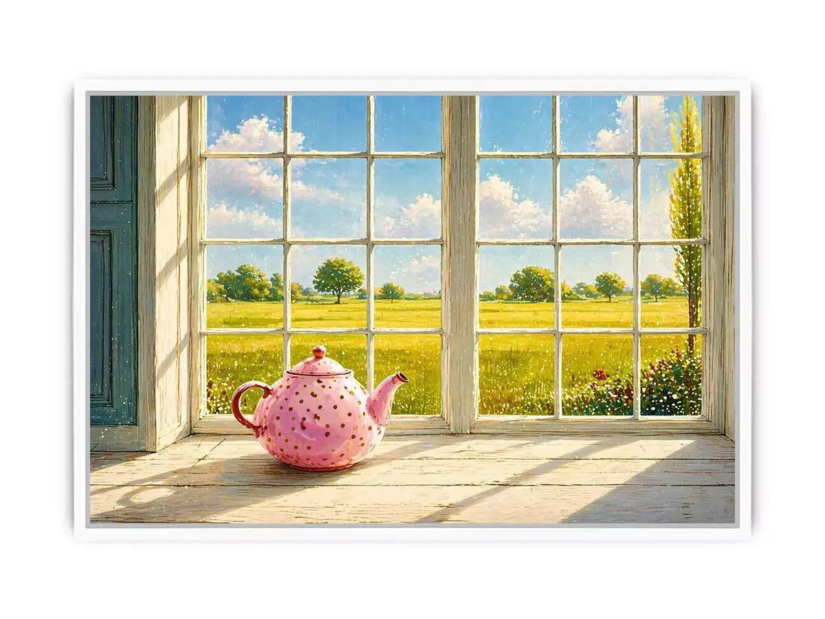 Sunlit window teapot painting with countryside view, cozy cottage kitchen Canvas Print