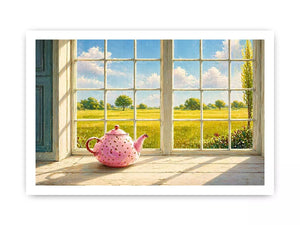 Sunlit window teapot painting with countryside view, cozy cottage kitchen Canvas Print