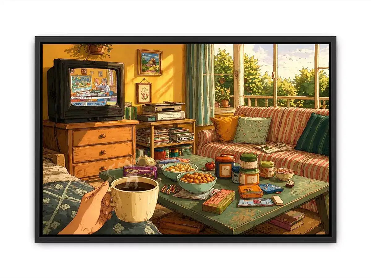Cozy living room illustration with coffee cup and retro TV, aesthetic home decor for apartments in New York, Tokyo, London interiors