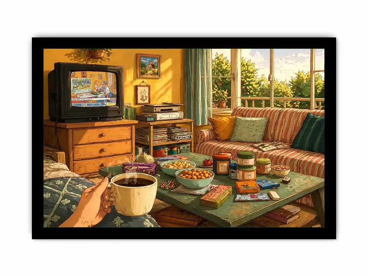 Cozy living room illustration with coffee cup and retro TV, aesthetic home decor for apartments in New York, Tokyo, London interiors