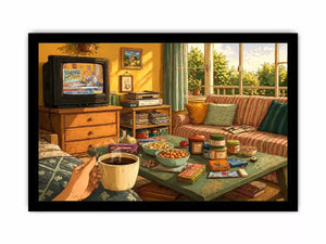 Cozy living room illustration with coffee cup and retro TV, aesthetic home decor