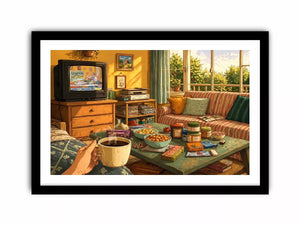 Cozy living room illustration with coffee cup and retro TV, aesthetic home decor