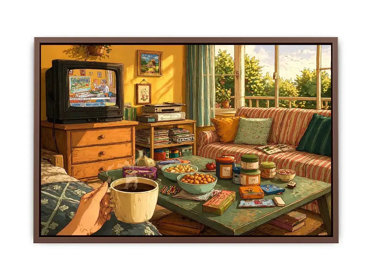 Cozy living room illustration with coffee cup and retro TV, aesthetic home decor
