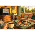 Cozy living room illustration with coffee cup and retro TV, aesthetic home decor for apartments in New York, Tokyo, London interiors