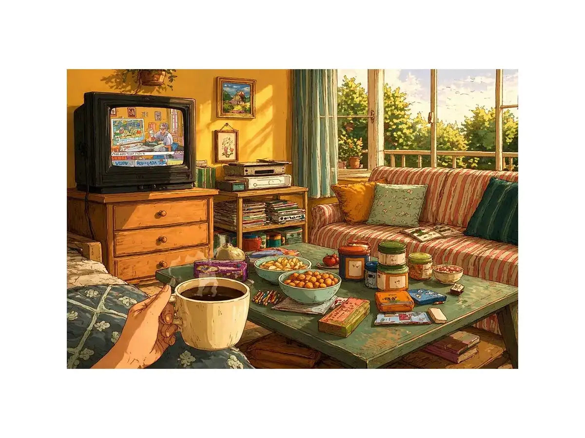 Cozy living room illustration with coffee cup and retro TV, aesthetic home decor