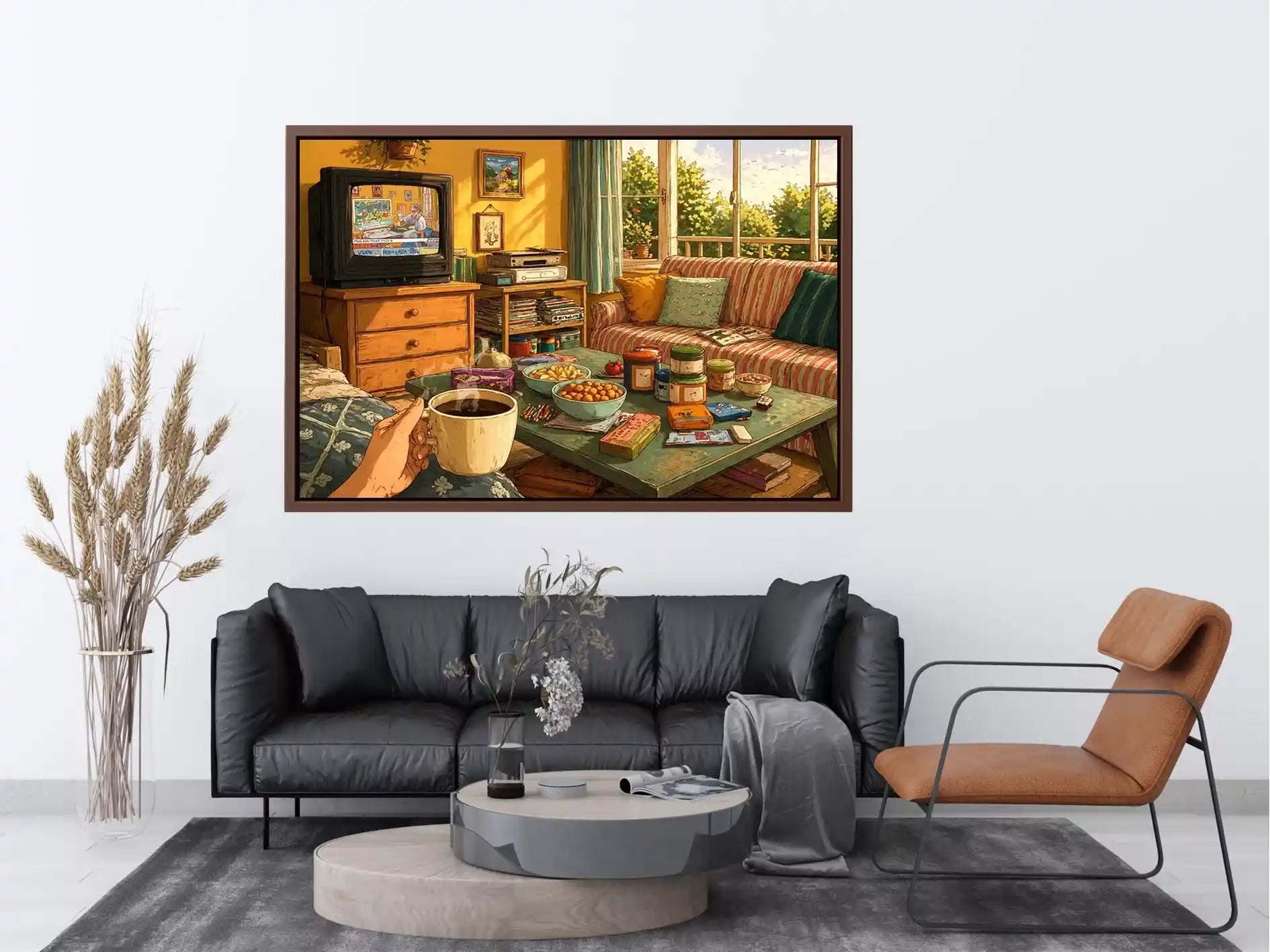 Cozy living room illustration with coffee cup and retro TV, aesthetic home decor