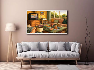 Cozy living room illustration with coffee cup and retro TV, aesthetic home decor