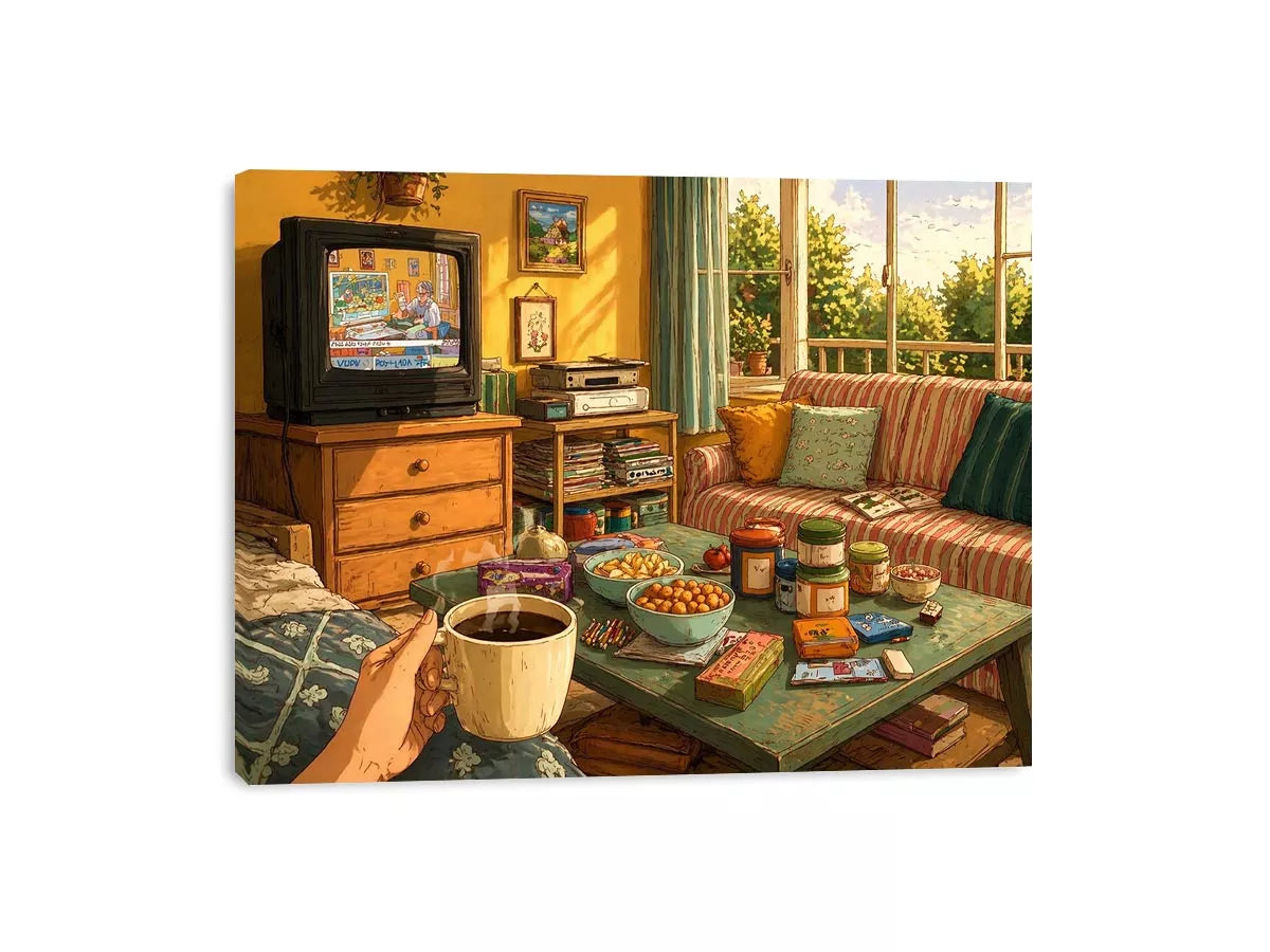 Cozy living room illustration with coffee cup and retro TV, aesthetic home decor