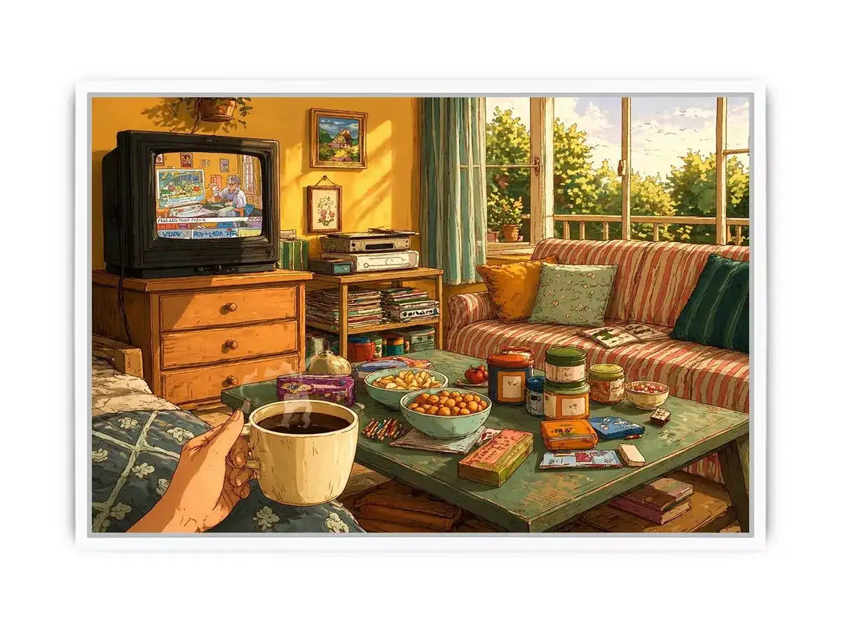 Cozy living room illustration with coffee cup and retro TV, aesthetic home decor