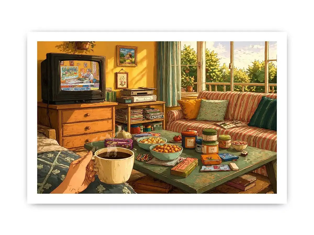 Cozy living room illustration with coffee cup and retro TV, aesthetic home decor