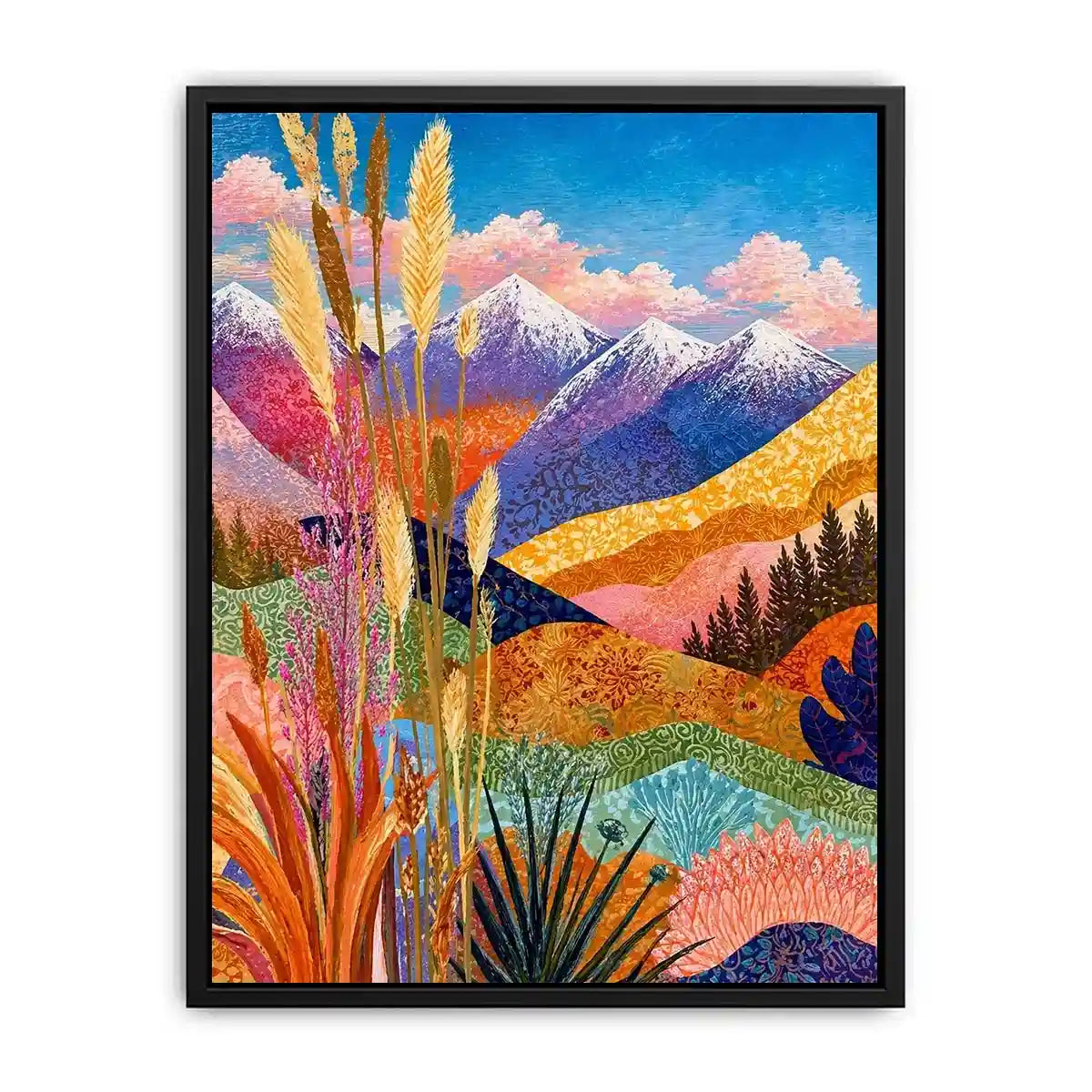 Colorful abstract mountain landscape wall art with florals, modern decor for homes in California, Paris, Sydney interiors