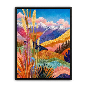 Colorful abstract mountain landscape wall art with florals, modern decor for homes in California, Paris, Sydney interiors