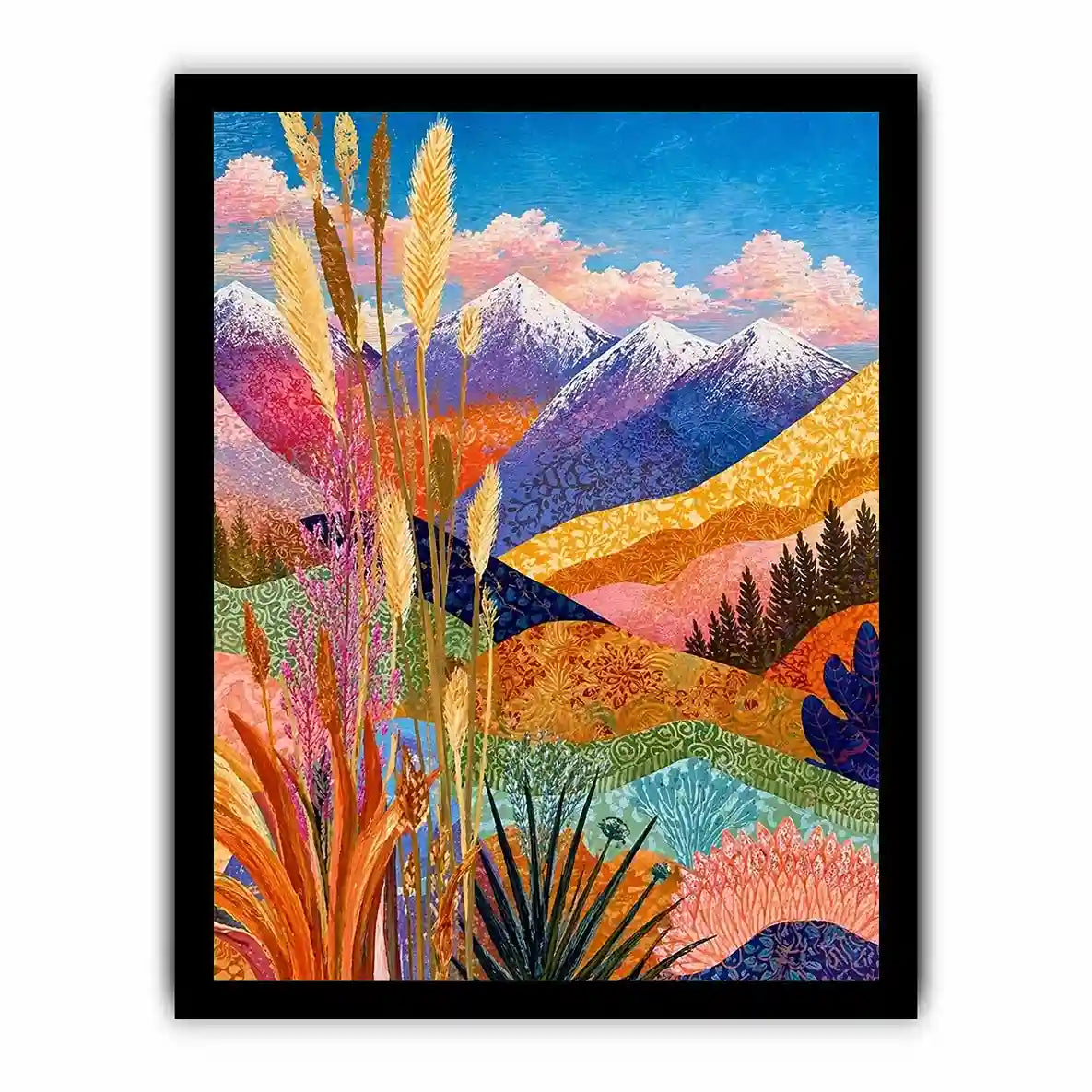 Colorful abstract mountain landscape wall art with florals, modern decor for homes in California, Paris, Sydney interiors