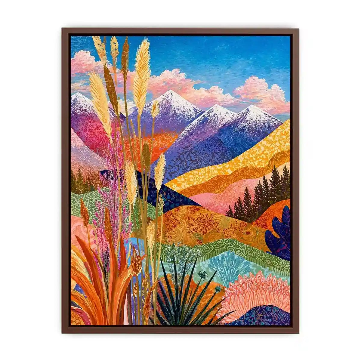 Colorful abstract mountain landscape wall art with florals, modern decor for homes in California, Paris, Sydney interiors