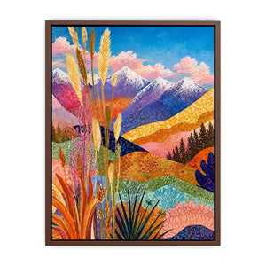 Colorful abstract mountain landscape wall art with florals, modern decor for homes in California, Paris, Sydney interiors