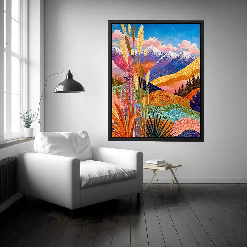 Colorful abstract mountain landscape wall art with florals, modern decor for homes in California, Paris, Sydney interiors