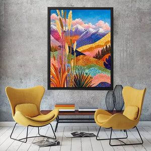 Colorful abstract mountain landscape wall art with florals, modern decor for homes in California, Paris, Sydney interiors