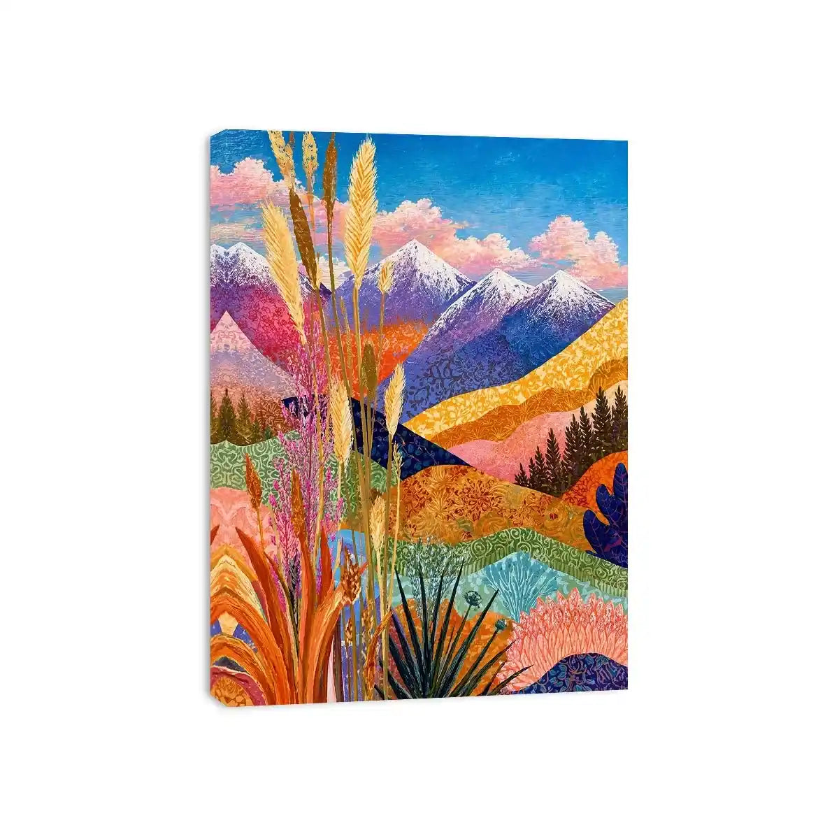 Colorful abstract mountain landscape wall art with florals, modern decor for homes in California, Paris, Sydney interiors