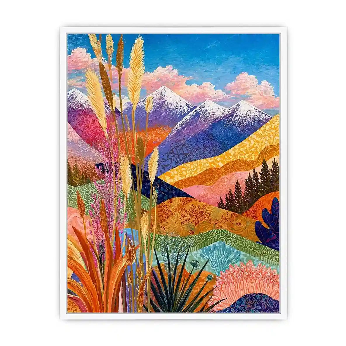 Colorful abstract mountain landscape wall art with florals, modern decor for homes in California, Paris, Sydney interiors