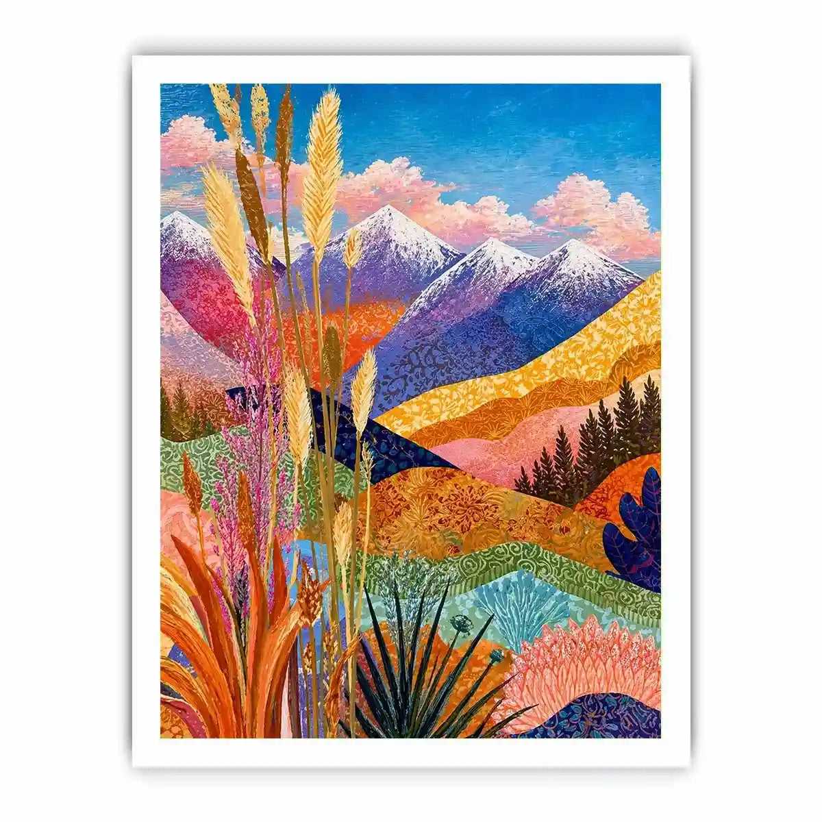 Colorful abstract mountain landscape wall art with florals, modern decor for homes in California, Paris, Sydney interiors