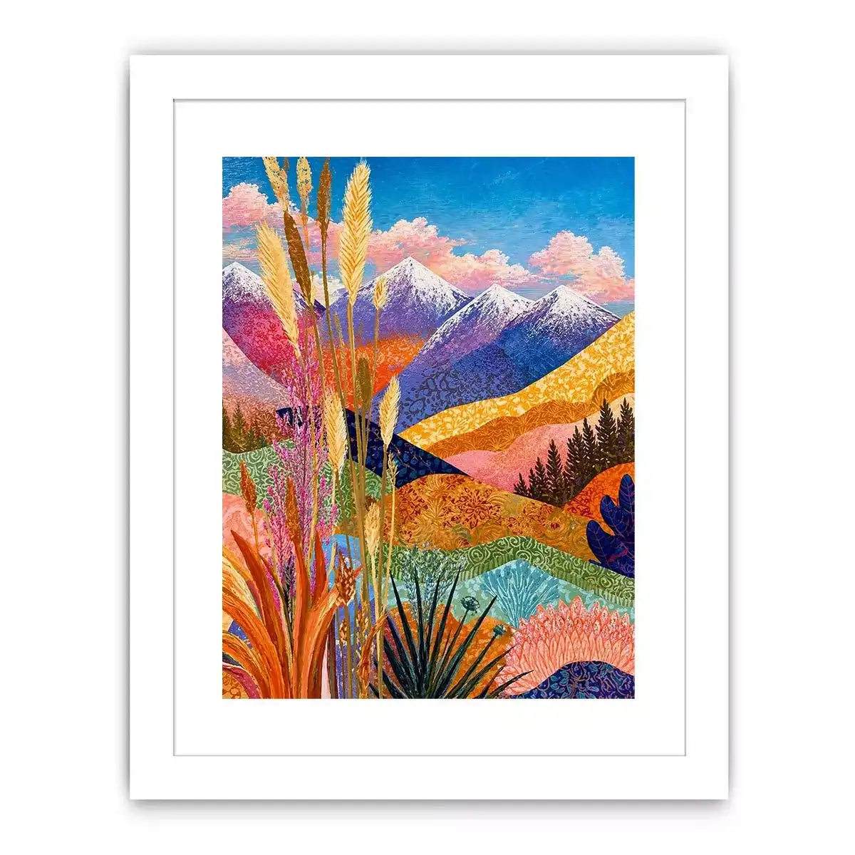 Colorful abstract mountain landscape wall art with florals, modern decor for homes in California, Paris, Sydney interiors