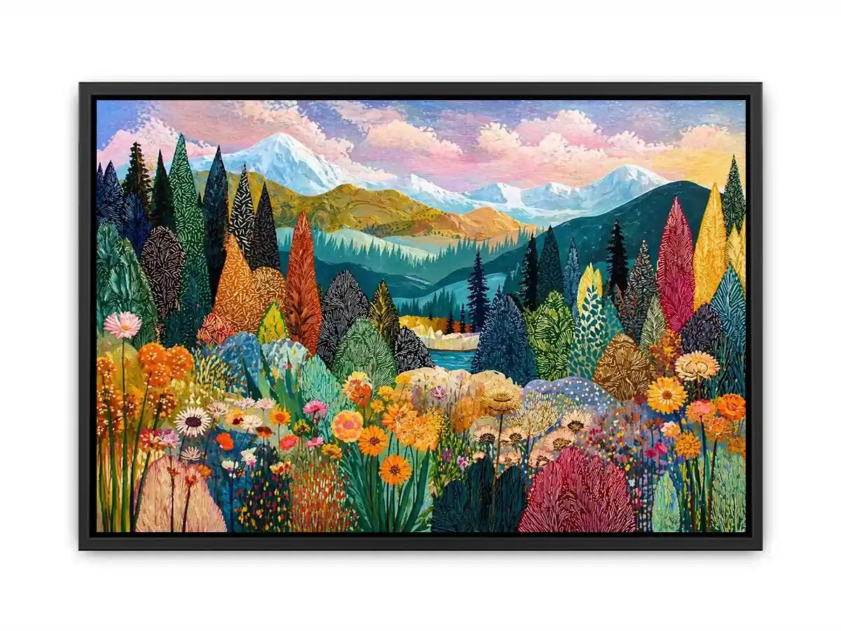 Colorful forest meadow landscape wall art with mountains and flowers, modern decor for homes in California, Vancouver, Switzerland interiors