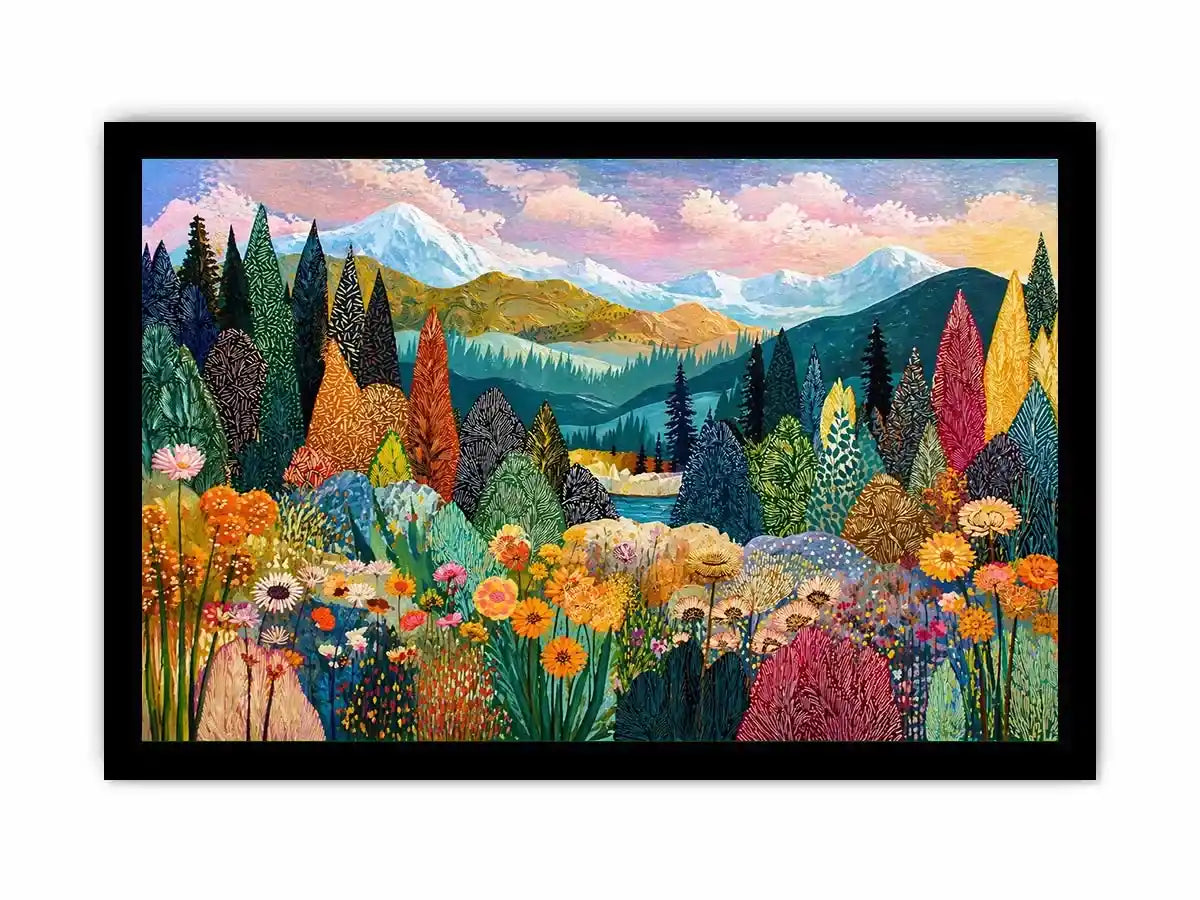Colorful forest meadow landscape wall art with mountains and flowers, modern decor for homes in California, Vancouver, Switzerland interiors