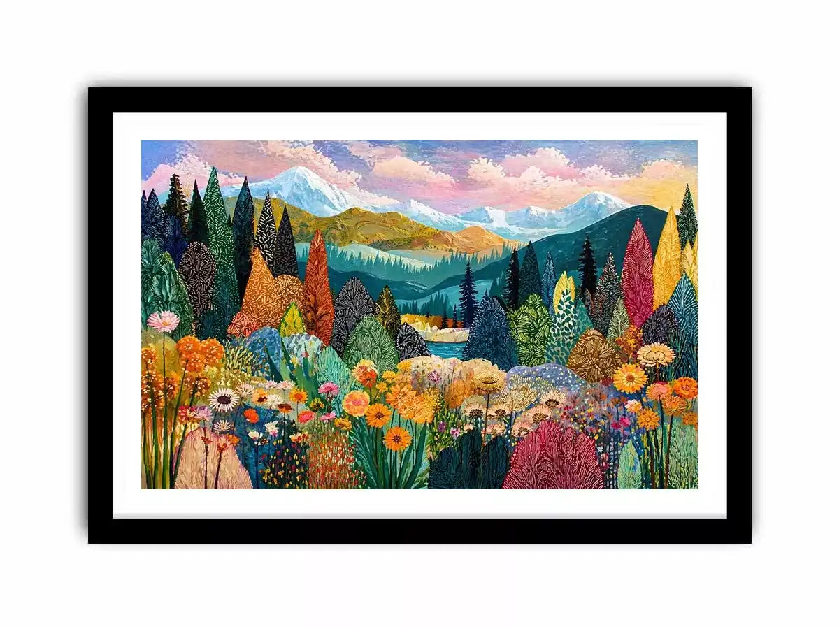 Colorful forest meadow landscape wall art with mountains and flowers, modern decor for homes in California, Vancouver, Switzerland interiors
