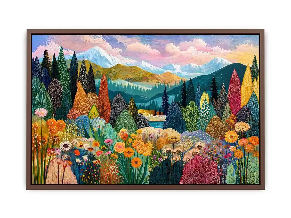 Colorful forest meadow landscape wall art with mountains and flowers, modern decor for homes in California, Vancouver, Switzerland interiors