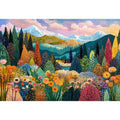 Colorful forest meadow landscape wall art with mountains and flowers, modern decor for homes in California, Vancouver, Switzerland interiors