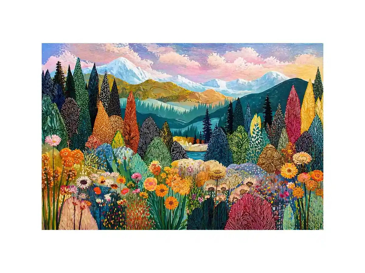 Colorful forest meadow landscape Canvas Print with mountains and flowers, modern decor