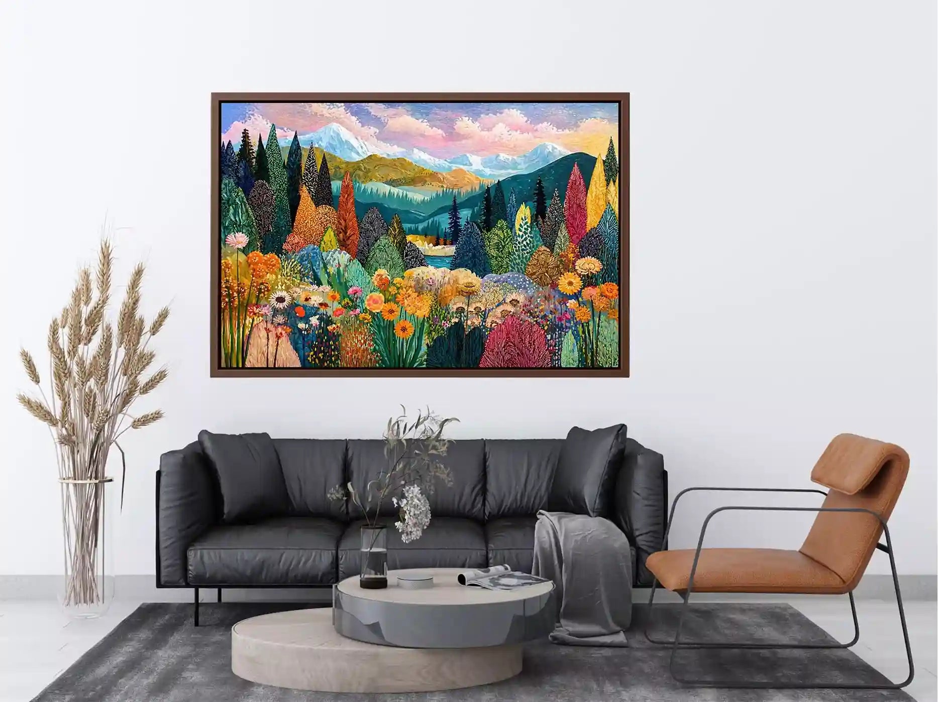Colorful forest meadow landscape wall art with mountains and flowers, modern decor for homes in California, Vancouver, Switzerland interiors