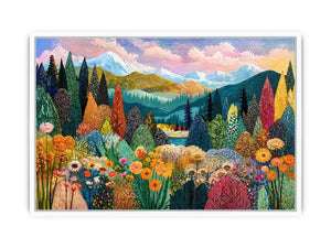 Colorful forest meadow landscape wall art with mountains and flowers, modern decor for homes in California, Vancouver, Switzerland interiors