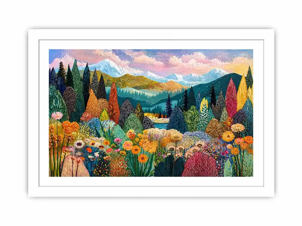 Colorful forest meadow landscape wall art with mountains and flowers, modern decor for homes in California, Vancouver, Switzerland interiors
