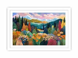 Colorful forest meadow landscape wall art with mountains and flowers, modern decor for homes in California, Vancouver, Switzerland interiors