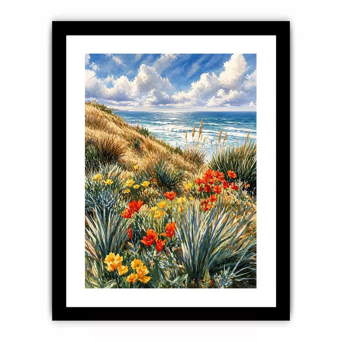 Coastal wildflower ocean landscape wall art, serene beach decor for homes in California, Amalfi Coast, Australia interiors