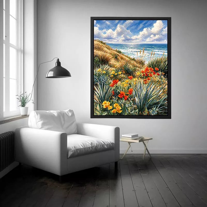 Coastal wildflower ocean landscape Canvas Print, serene beach decor