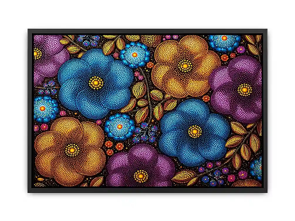 Colorful abstract floral dot pattern wall art, modern bold canvas decor for homes in New York, London, Dubai interiors