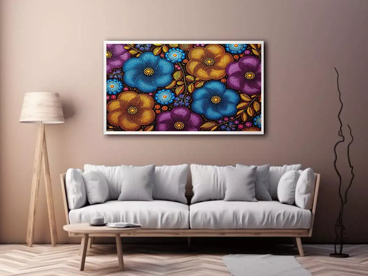 Colorful abstract floral dot pattern wall art, modern bold canvas decor for homes in New York, London, Dubai interiors