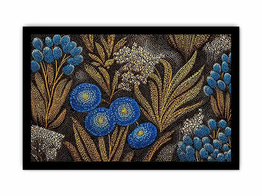 Blue and gold botanical dot pattern wall art, luxury modern decor for homes in New York, Paris, Dubai interiors