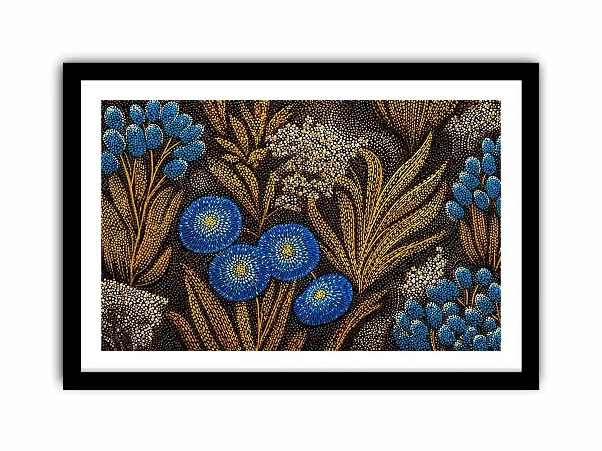 Blue and gold botanical dot pattern wall art, luxury modern decor for homes in New York, Paris, Dubai interiors