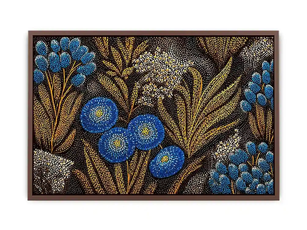 Blue and gold botanical dot pattern Canvas Print, luxury modern decor