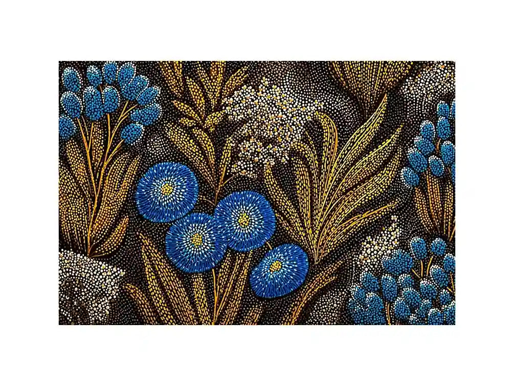 Blue and gold botanical dot pattern Canvas Print, luxury modern decor