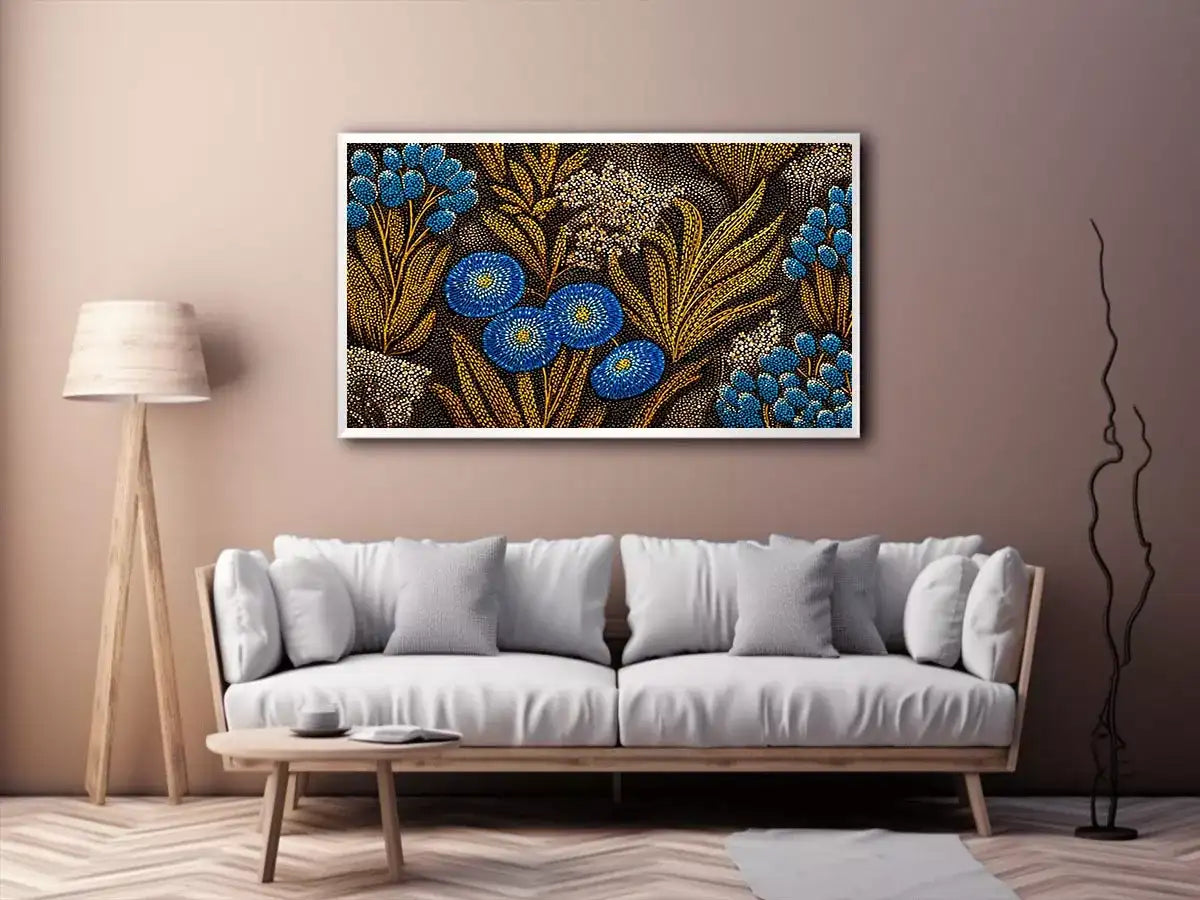 Blue and gold botanical dot pattern wall art, luxury modern decor for homes in New York, Paris, Dubai interiors