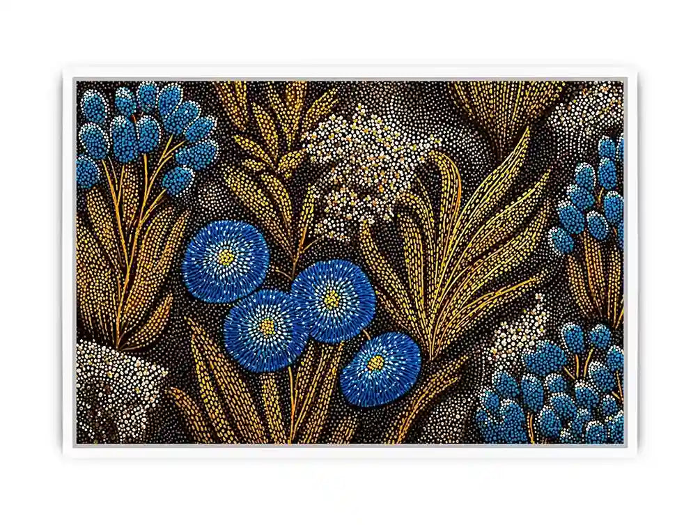 Blue and gold botanical dot pattern Canvas Print, luxury modern decor