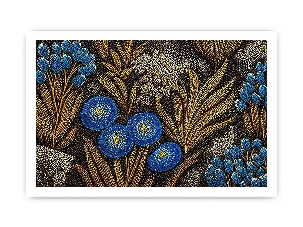 Blue and gold botanical dot pattern wall art, luxury modern decor for homes in New York, Paris, Dubai interiors